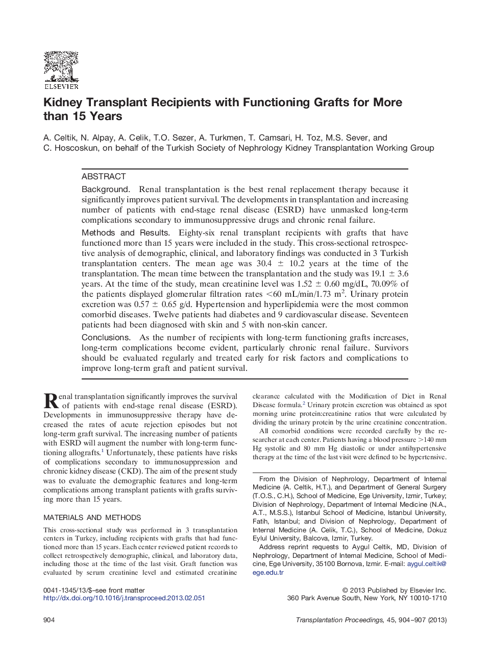 Kidney Transplant Recipients with Functioning Grafts for More than 15 Years