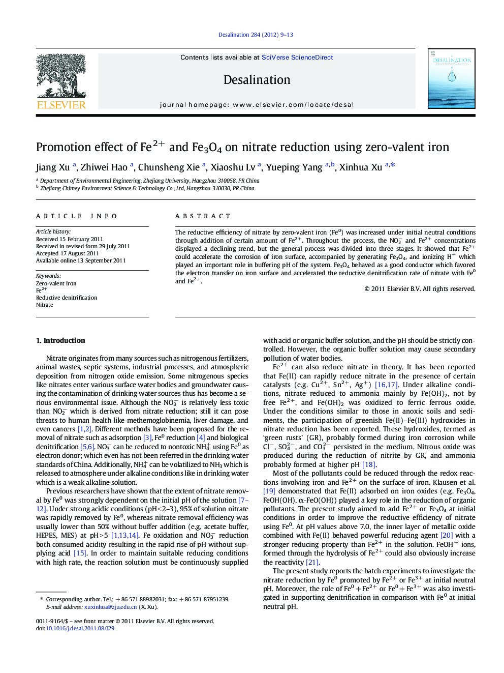 Promotion effect of Fe2+ and Fe3O4 on nitrate reduction using zero-valent iron