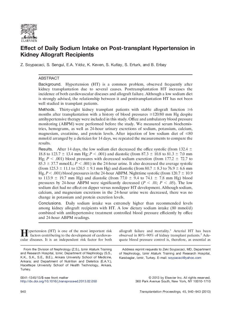Renal transplantationComplicationsEffect of Daily Sodium Intake on Post-transplant Hypertension in Kidney Allograft Recipients