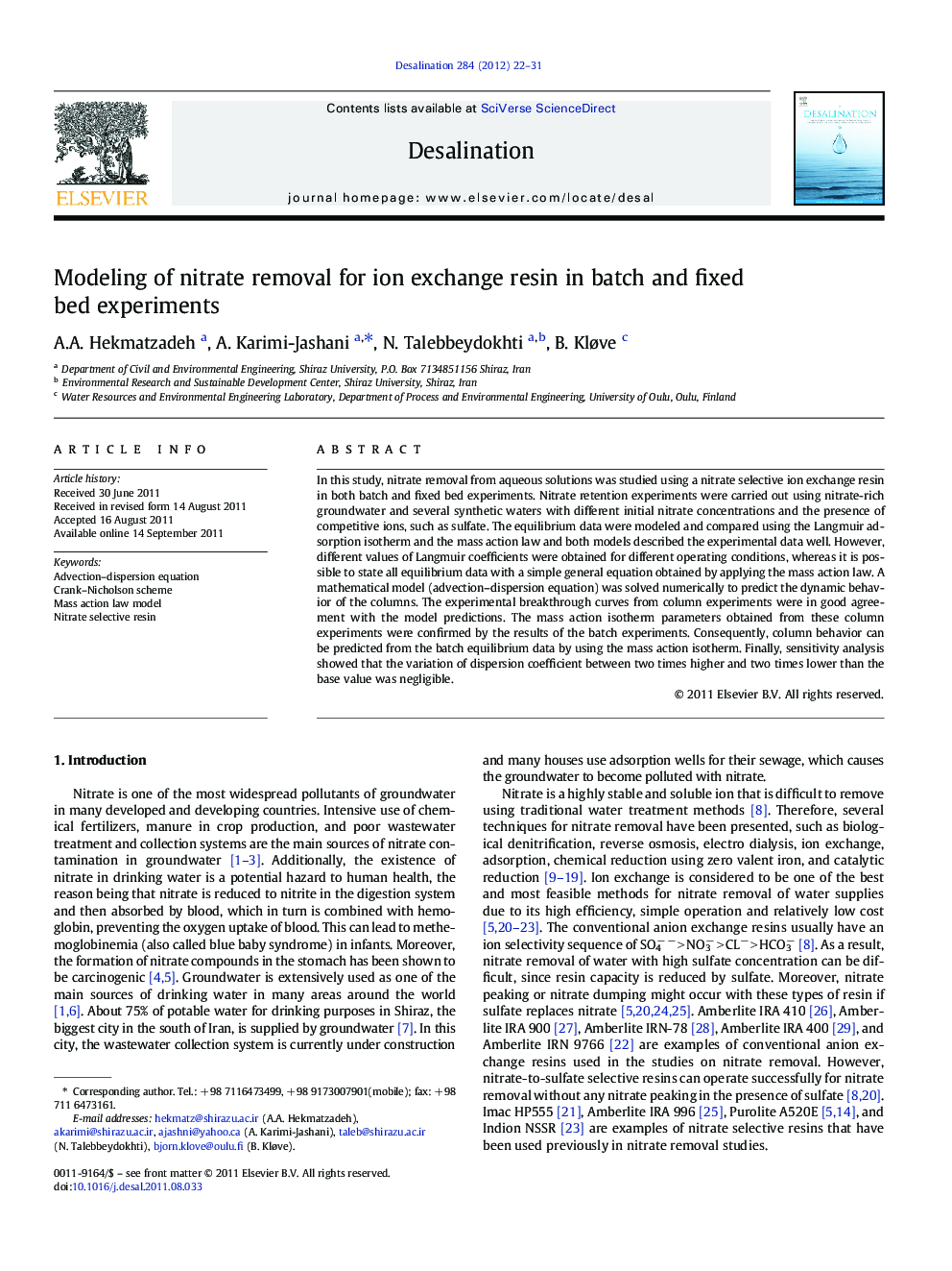 Modeling of nitrate removal for ion exchange resin in batch and fixed bed experiments