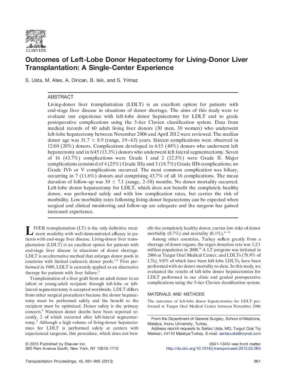 Liver transplantationDonor proceduresOutcomes of Left-Lobe Donor Hepatectomy for Living-Donor Liver Transplantation: A Single-Center Experience