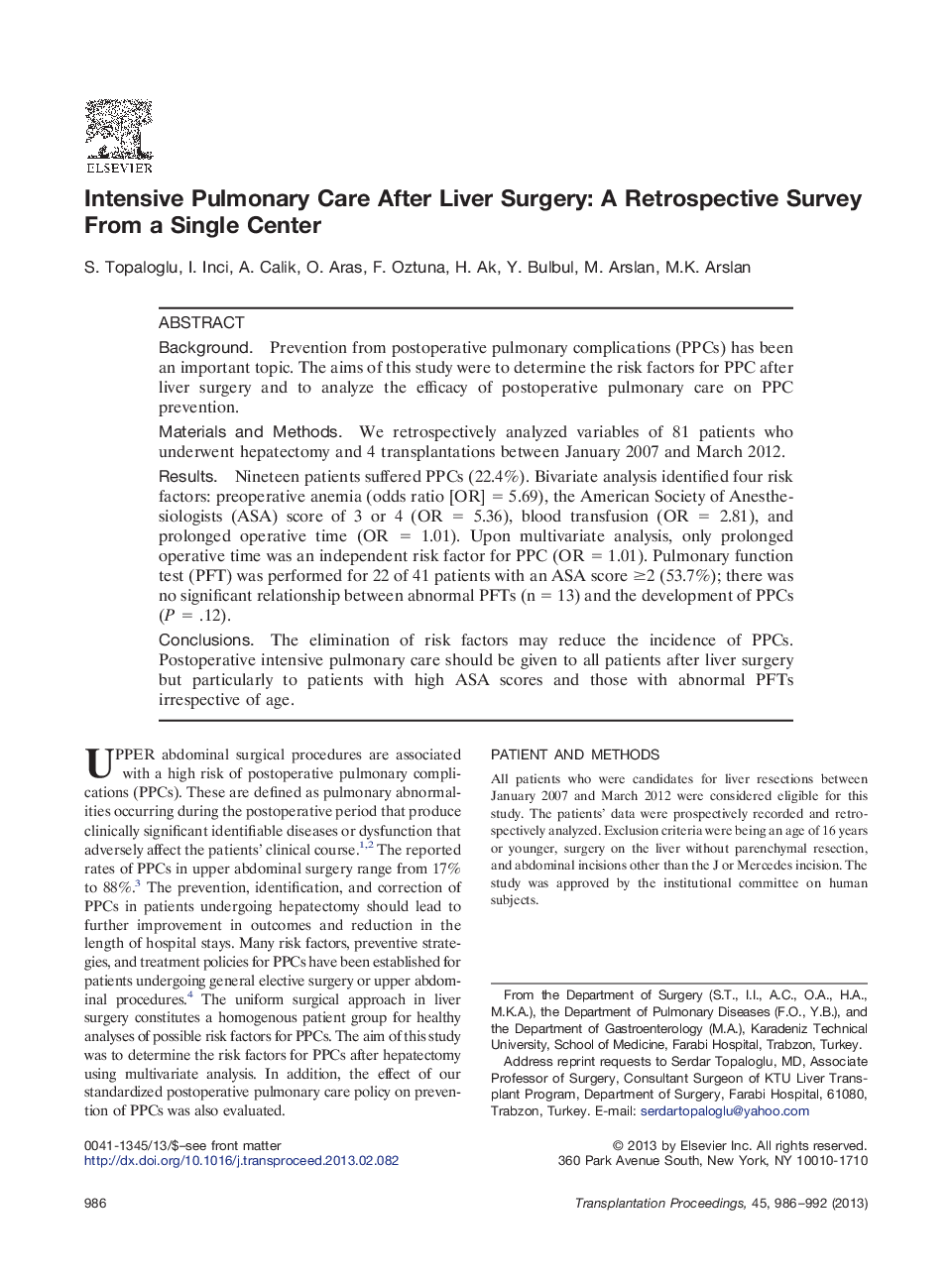 Intensive Pulmonary Care After Liver Surgery: A Retrospective Survey From a Single Center