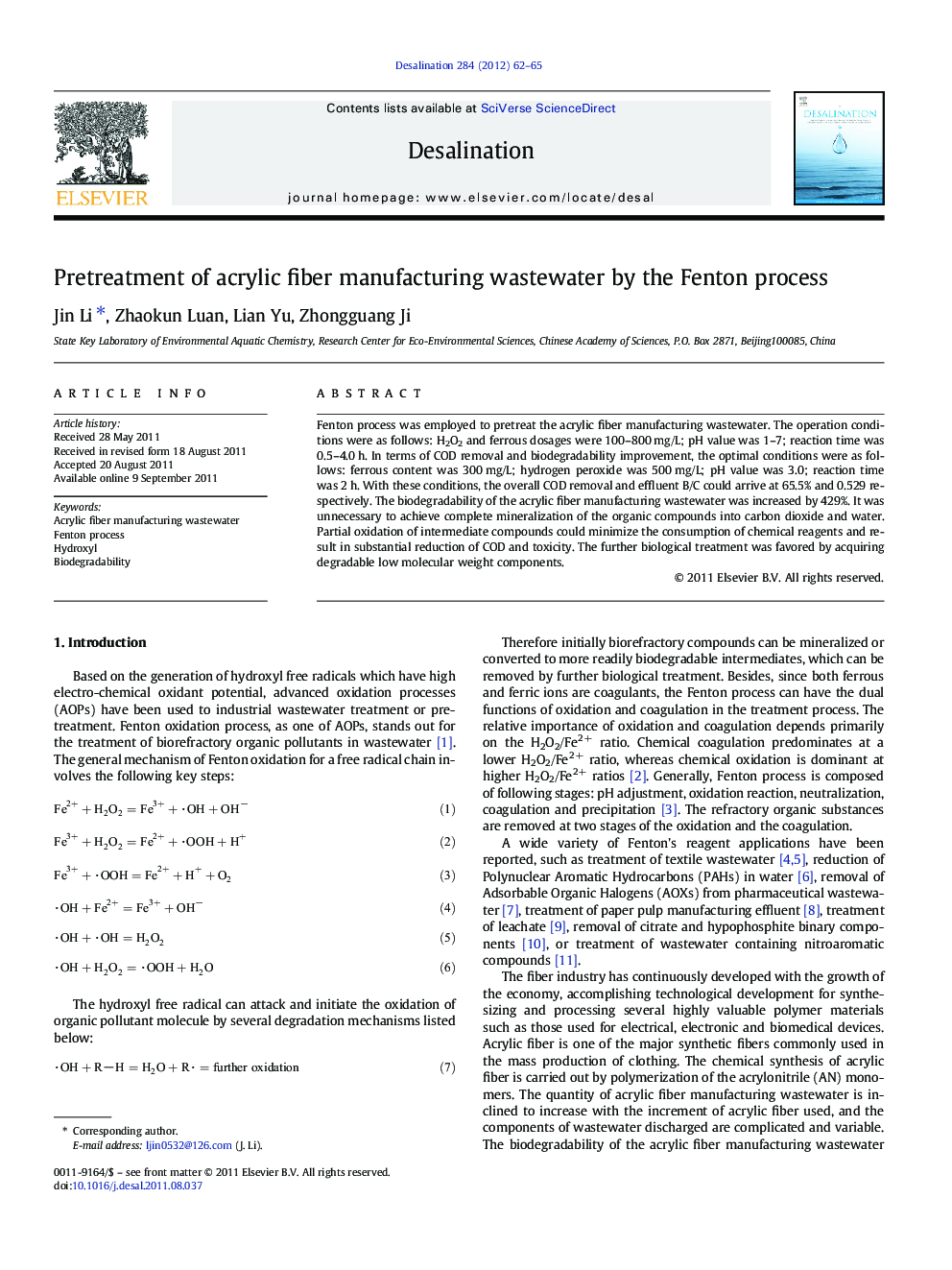 Pretreatment of acrylic fiber manufacturing wastewater by the Fenton process