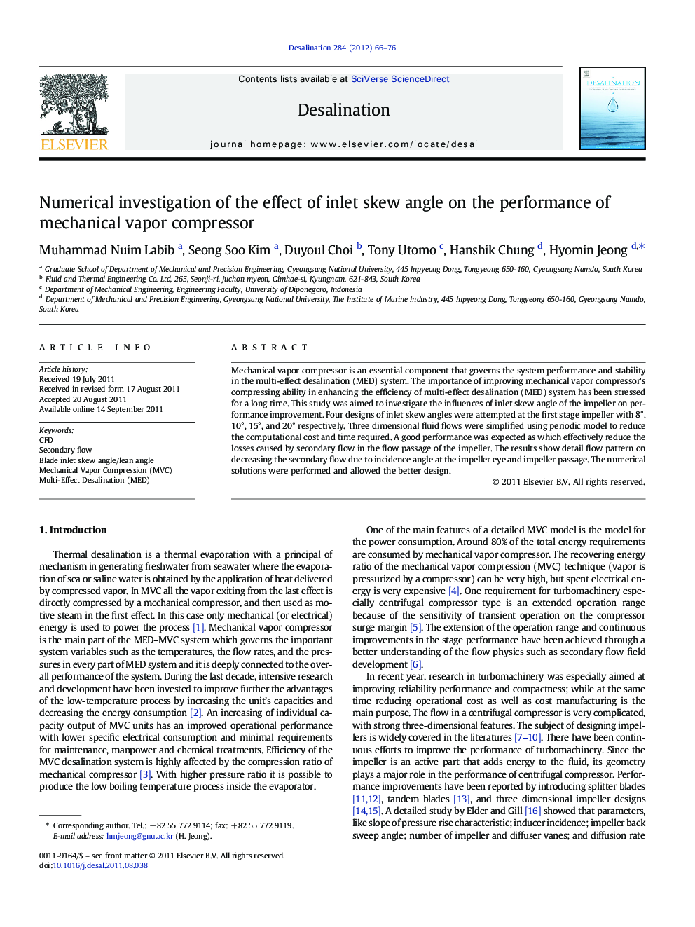 Numerical investigation of the effect of inlet skew angle on the performance of mechanical vapor compressor