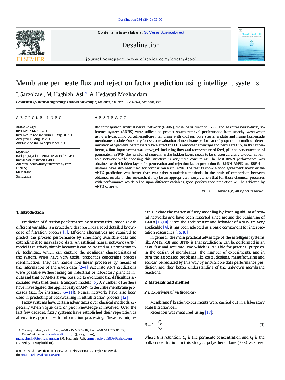 Membrane permeate flux and rejection factor prediction using intelligent systems