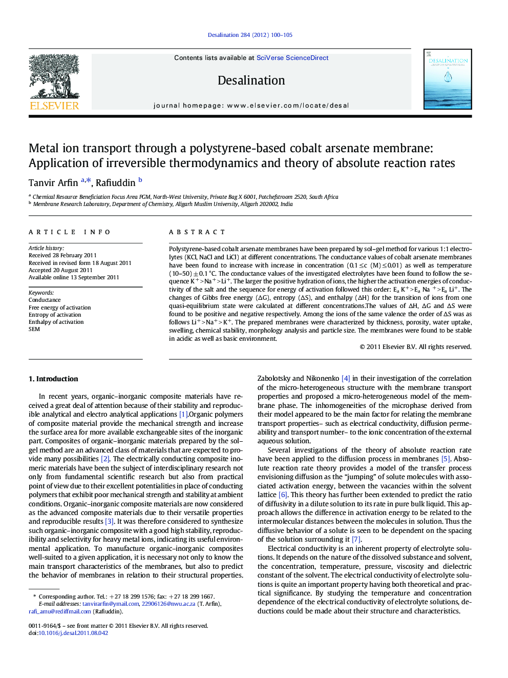 Metal ion transport through a polystyrene-based cobalt arsenate membrane: Application of irreversible thermodynamics and theory of absolute reaction rates