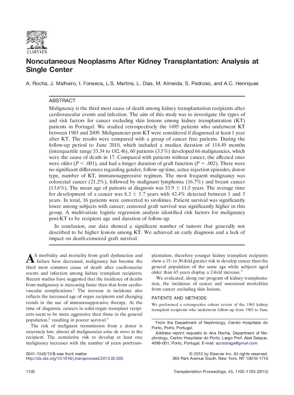 Renal transplantationComplicationsNoncutaneous Neoplasms After Kidney Transplantation: Analysis at Single Center