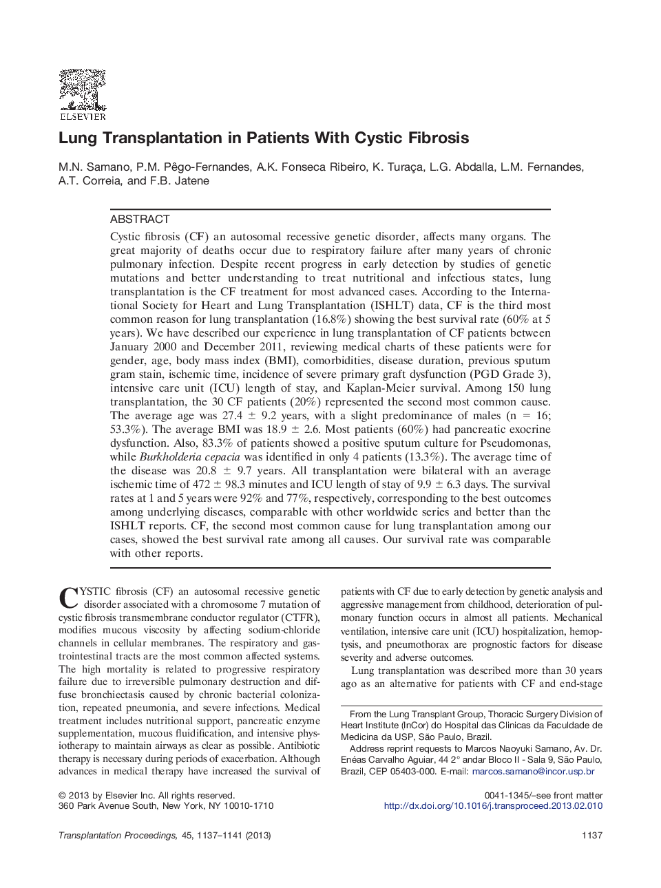 Thoracic transplantationLung Transplantation in Patients With Cystic Fibrosis