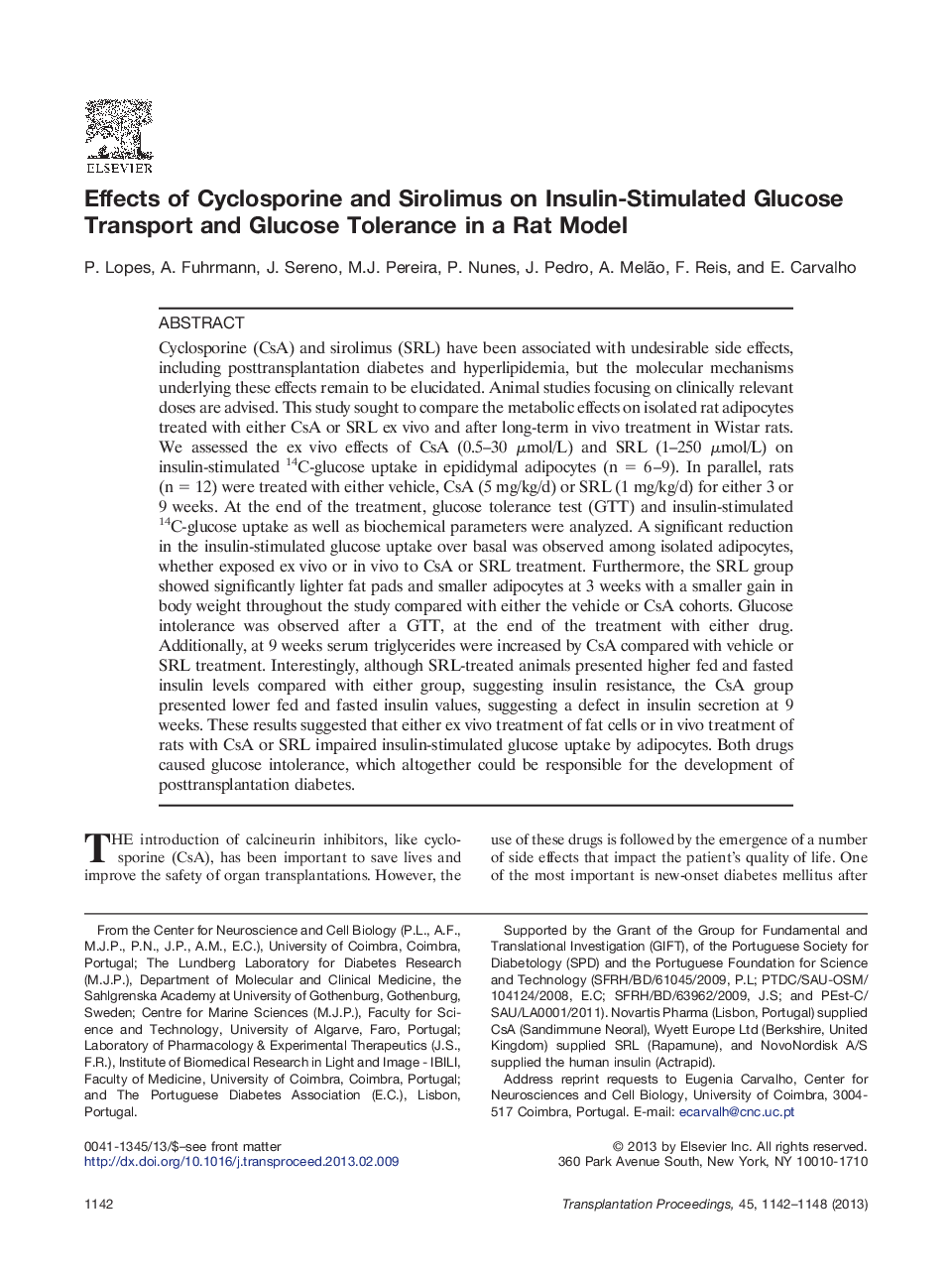 Experimental studyEffects of Cyclosporine and Sirolimus on Insulin-Stimulated Glucose Transport and Glucose Tolerance in a Rat Model