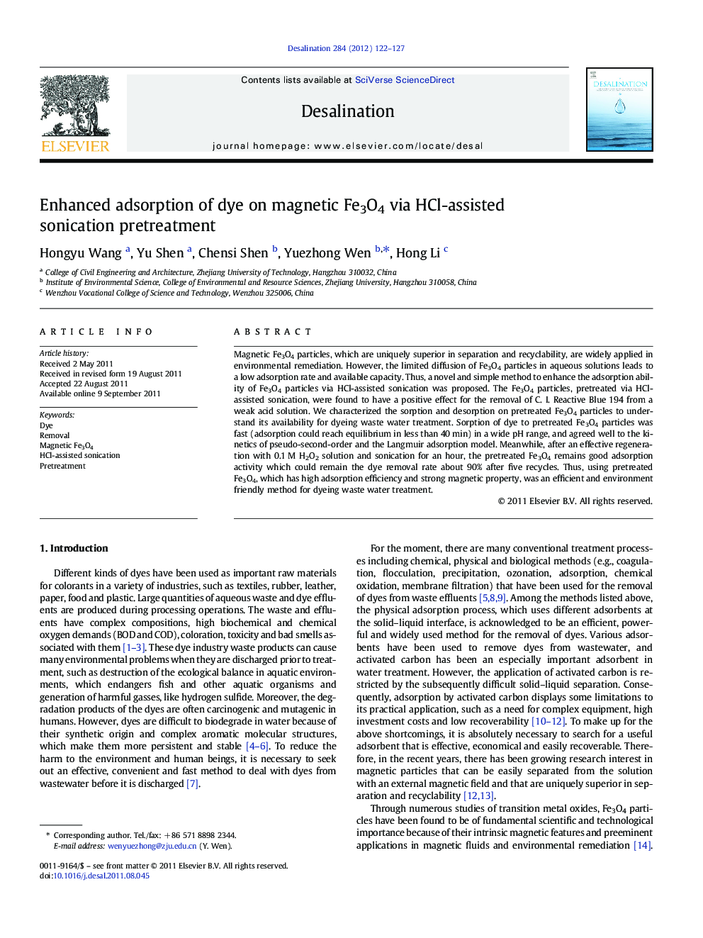 Enhanced adsorption of dye on magnetic Fe3O4 via HCl-assisted sonication pretreatment