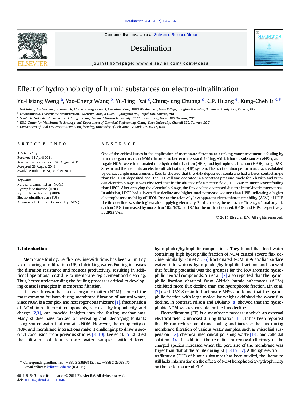 Effect of hydrophobicity of humic substances on electro-ultrafiltration