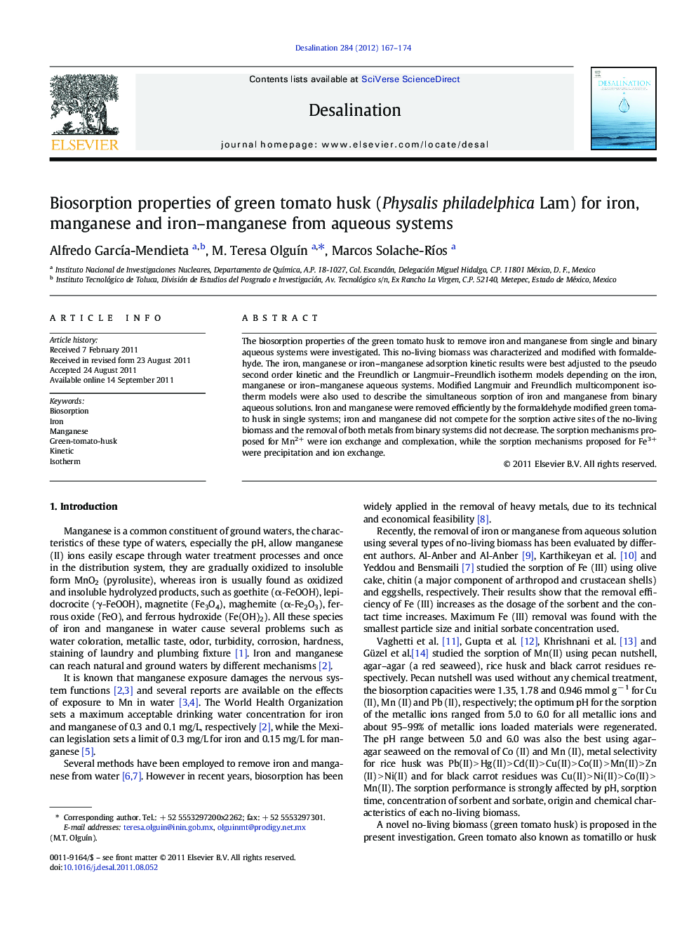 Biosorption properties of green tomato husk (Physalis philadelphica Lam) for iron, manganese and iron–manganese from aqueous systems