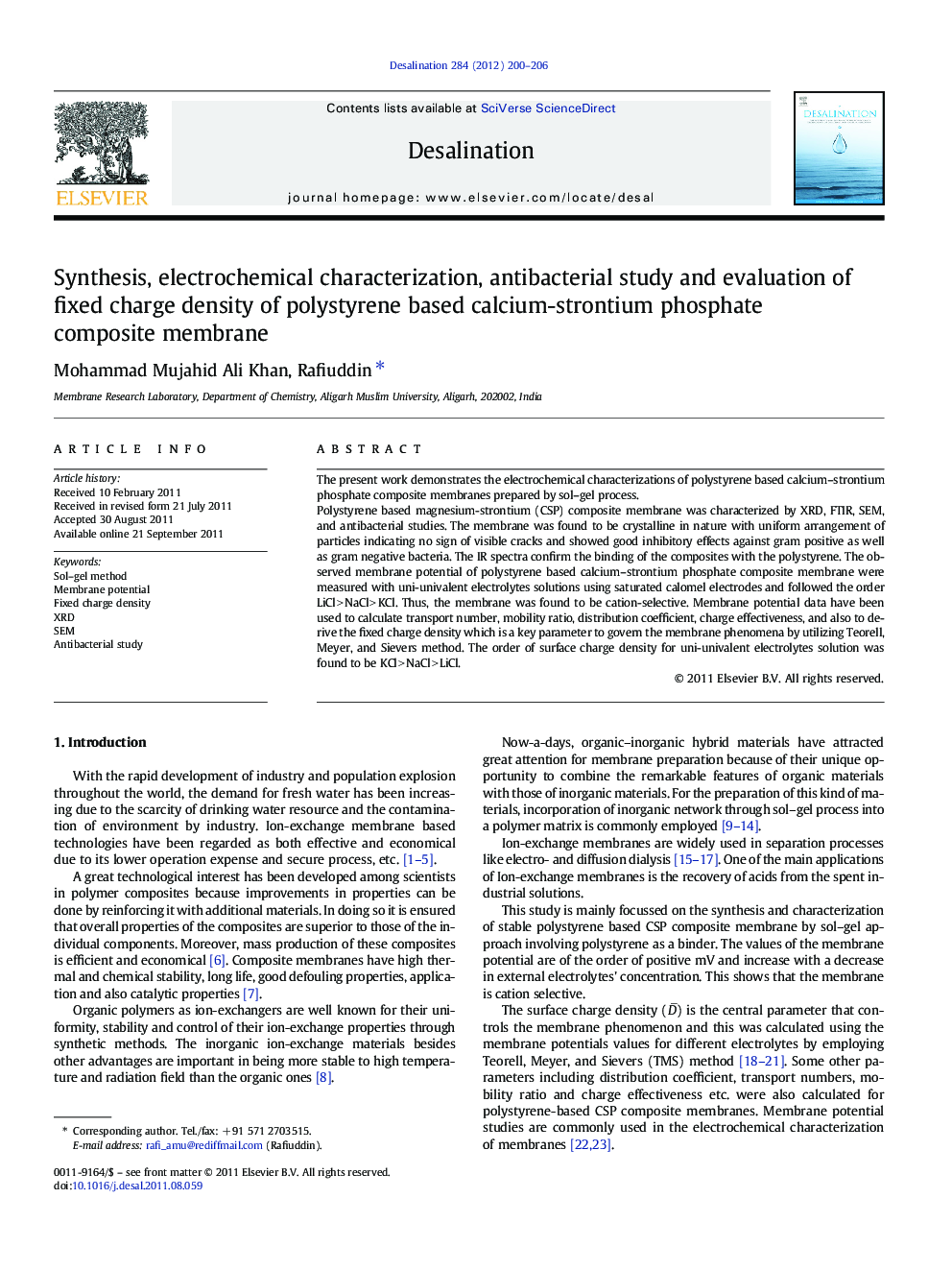 Synthesis, electrochemical characterization, antibacterial study and evaluation of fixed charge density of polystyrene based calcium-strontium phosphate composite membrane