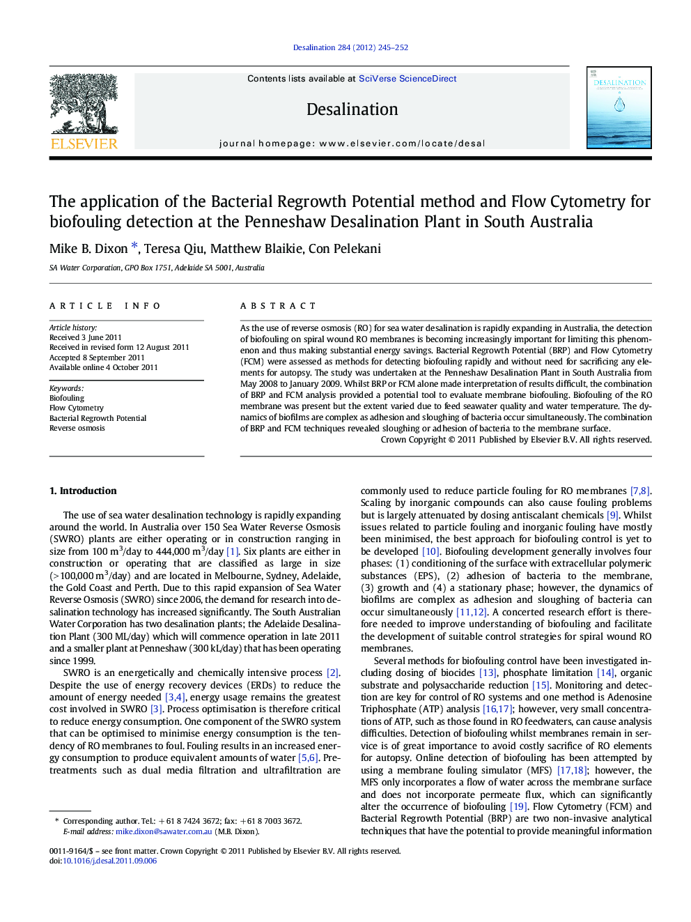 The application of the Bacterial Regrowth Potential method and Flow Cytometry for biofouling detection at the Penneshaw Desalination Plant in South Australia