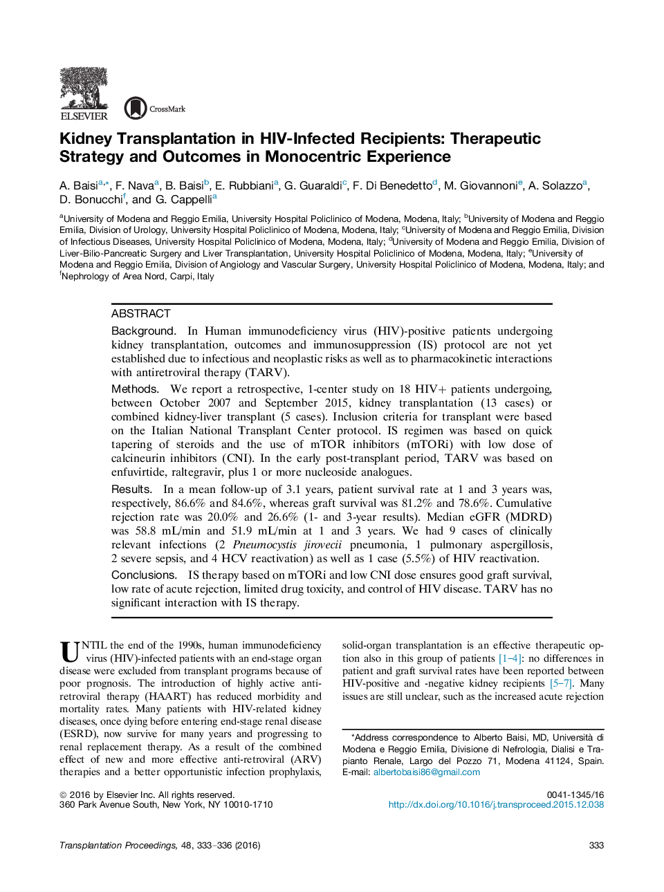 Kidney Transplantation in HIV-Infected Recipients: Therapeutic Strategy and Outcomes in Monocentric Experience