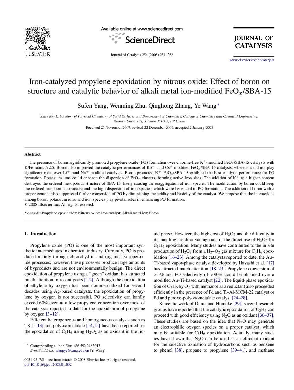 Iron-catalyzed propylene epoxidation by nitrous oxide: Effect of boron on structure and catalytic behavior of alkali metal ion-modified FeOx/SBA-15