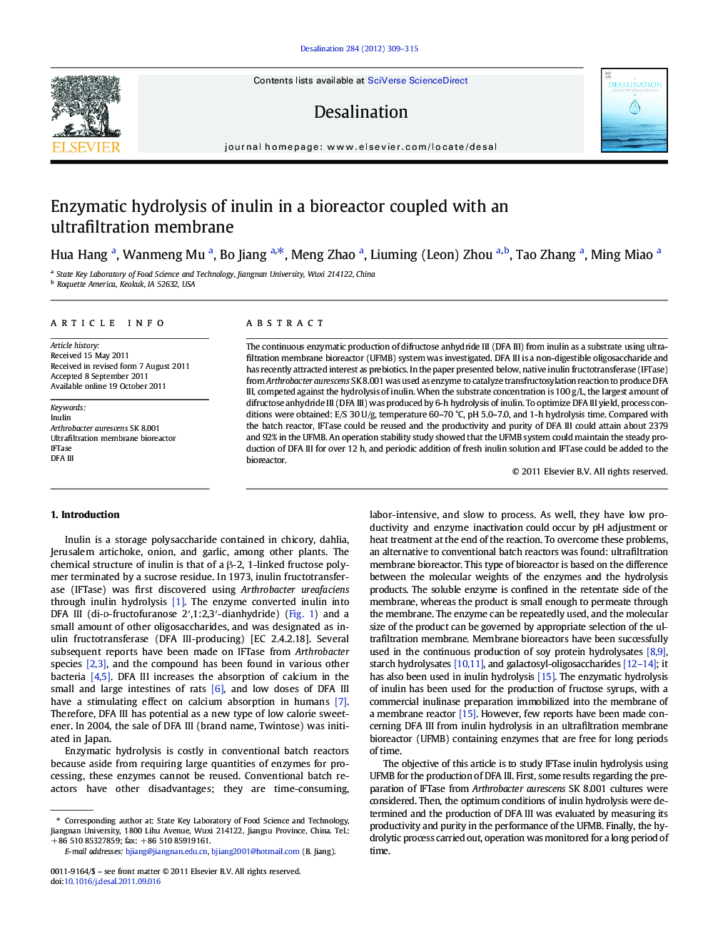 Enzymatic hydrolysis of inulin in a bioreactor coupled with an ultrafiltration membrane