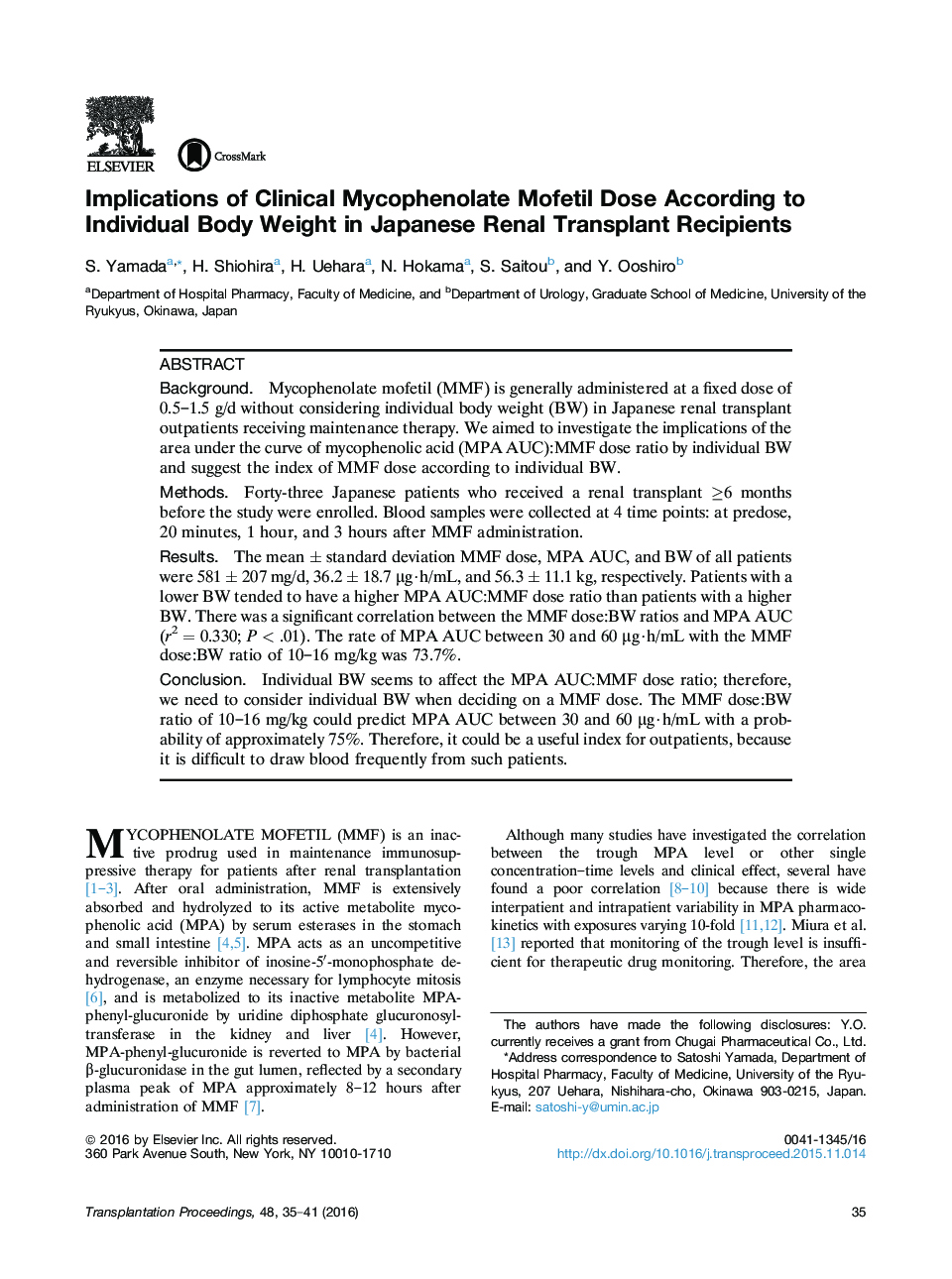 Implications of Clinical Mycophenolate Mofetil Dose According to Individual Body Weight in Japanese Renal Transplant Recipients