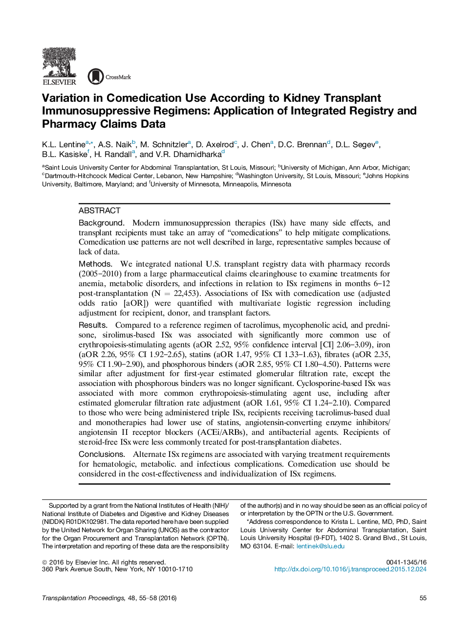 Variation in Comedication Use According to Kidney Transplant Immunosuppressive Regimens: Application of Integrated Registry and Pharmacy Claims Data