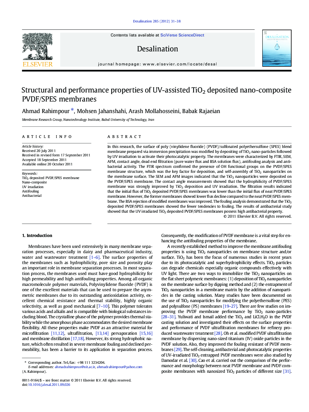 Structural and performance properties of UV-assisted TiO2 deposited nano-composite PVDF/SPES membranes