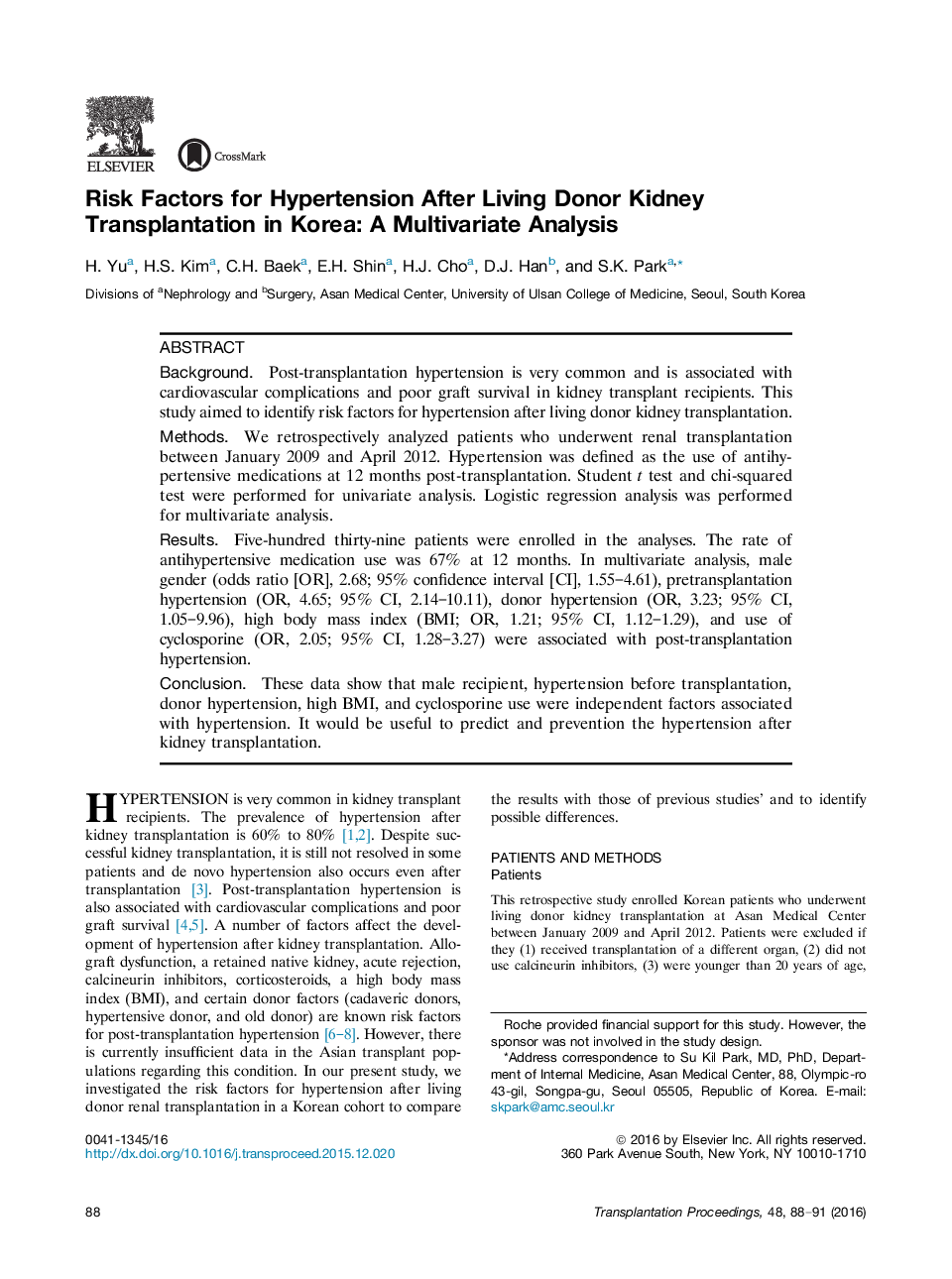 Risk Factors for Hypertension After Living Donor Kidney Transplantation in Korea: A Multivariate Analysis