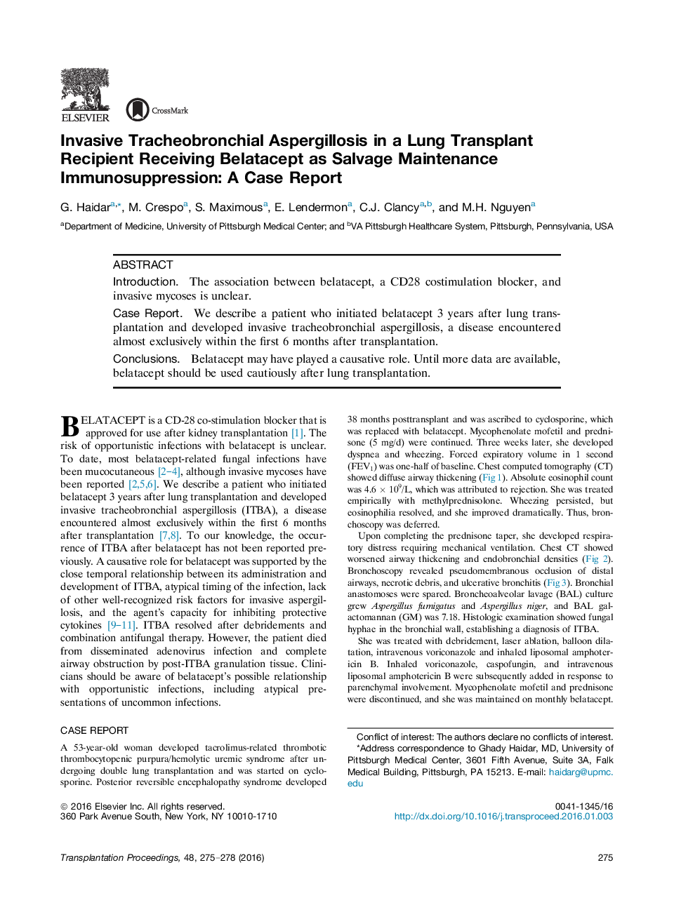 Recent Advances in TransplantationCase reportInvasive Tracheobronchial Aspergillosis in a Lung Transplant Recipient Receiving Belatacept as Salvage Maintenance Immunosuppression: A Case Report