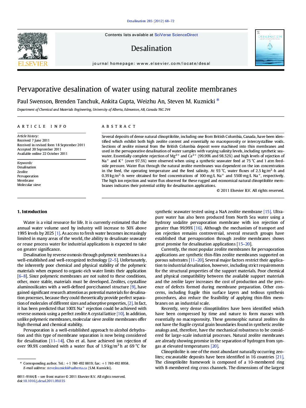 Pervaporative desalination of water using natural zeolite membranes