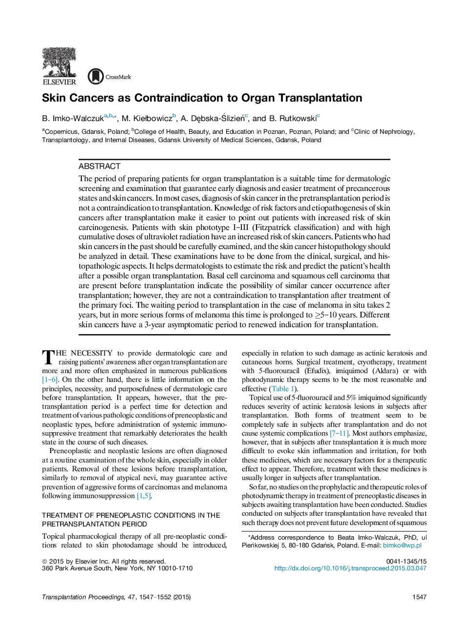 Skin Cancers as Contraindication to Organ Transplantation