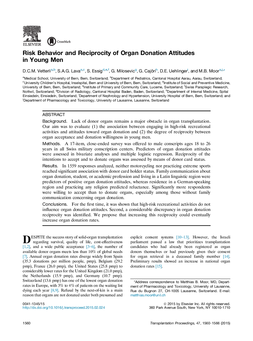 Emerging Perspectives in TransplantationPublic attitudes toward donationRisk Behavior and Reciprocity of Organ Donation Attitudes in Young Men