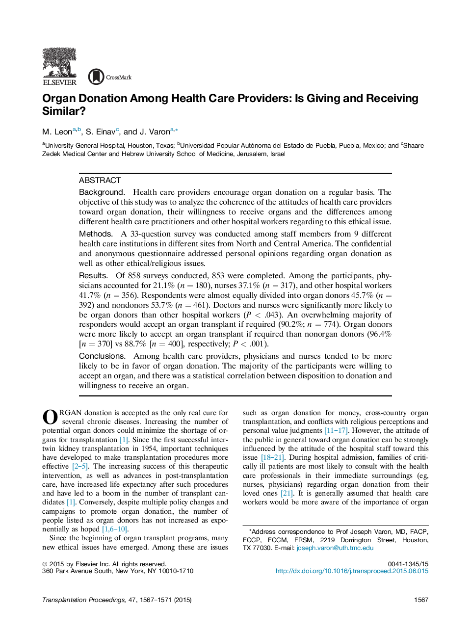 Organ Donation Among Health Care Providers: Is Giving and Receiving Similar?