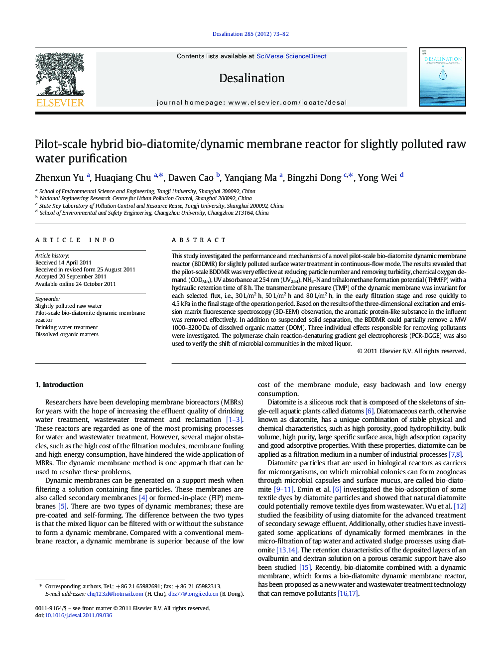 Pilot-scale hybrid bio-diatomite/dynamic membrane reactor for slightly polluted raw water purification