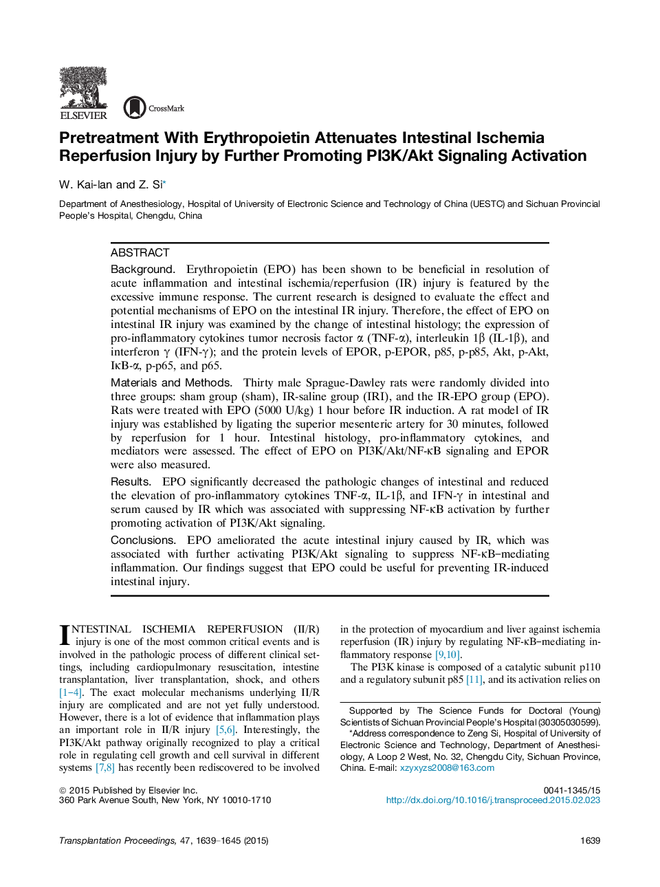 Pretreatment With Erythropoietin Attenuates Intestinal Ischemia Reperfusion Injury by Further Promoting PI3K/Akt Signaling Activation