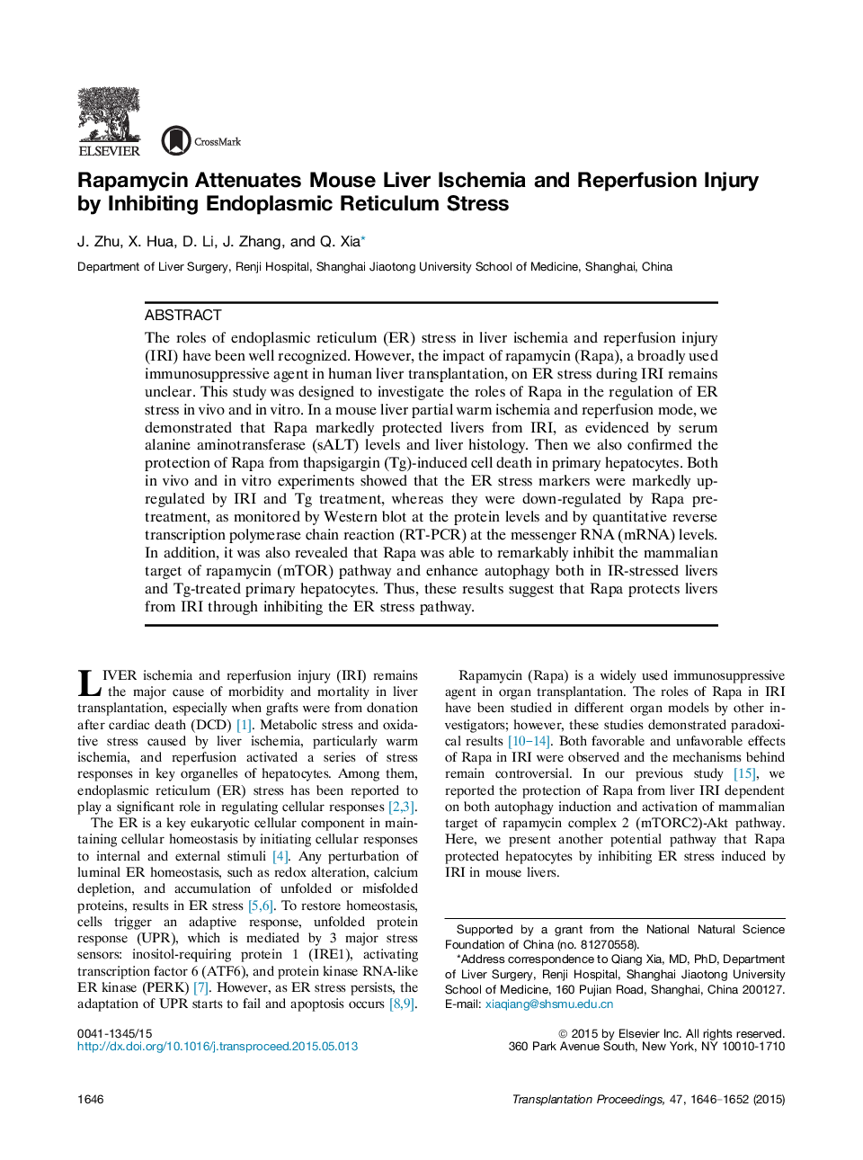 Rapamycin Attenuates Mouse Liver Ischemia and Reperfusion Injury by Inhibiting Endoplasmic Reticulum Stress