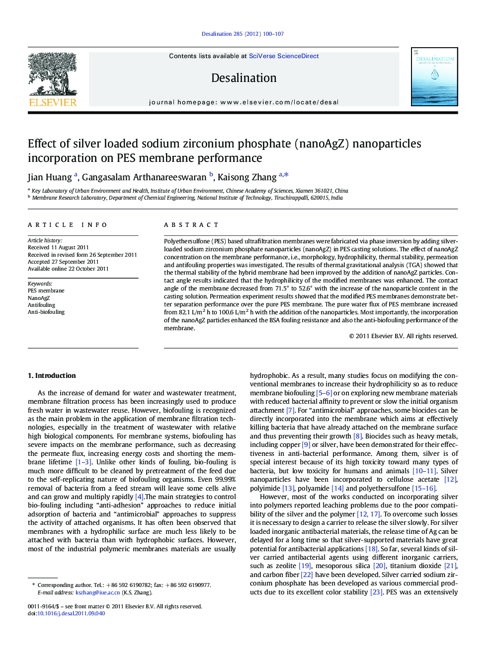 Effect of silver loaded sodium zirconium phosphate (nanoAgZ) nanoparticles incorporation on PES membrane performance