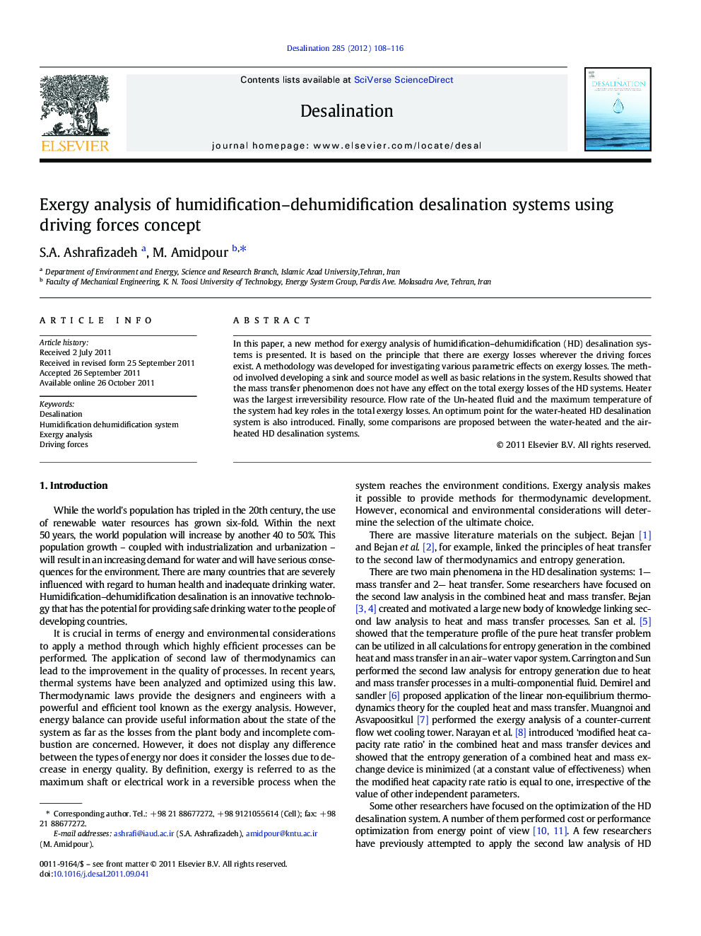 Exergy analysis of humidification–dehumidification desalination systems using driving forces concept