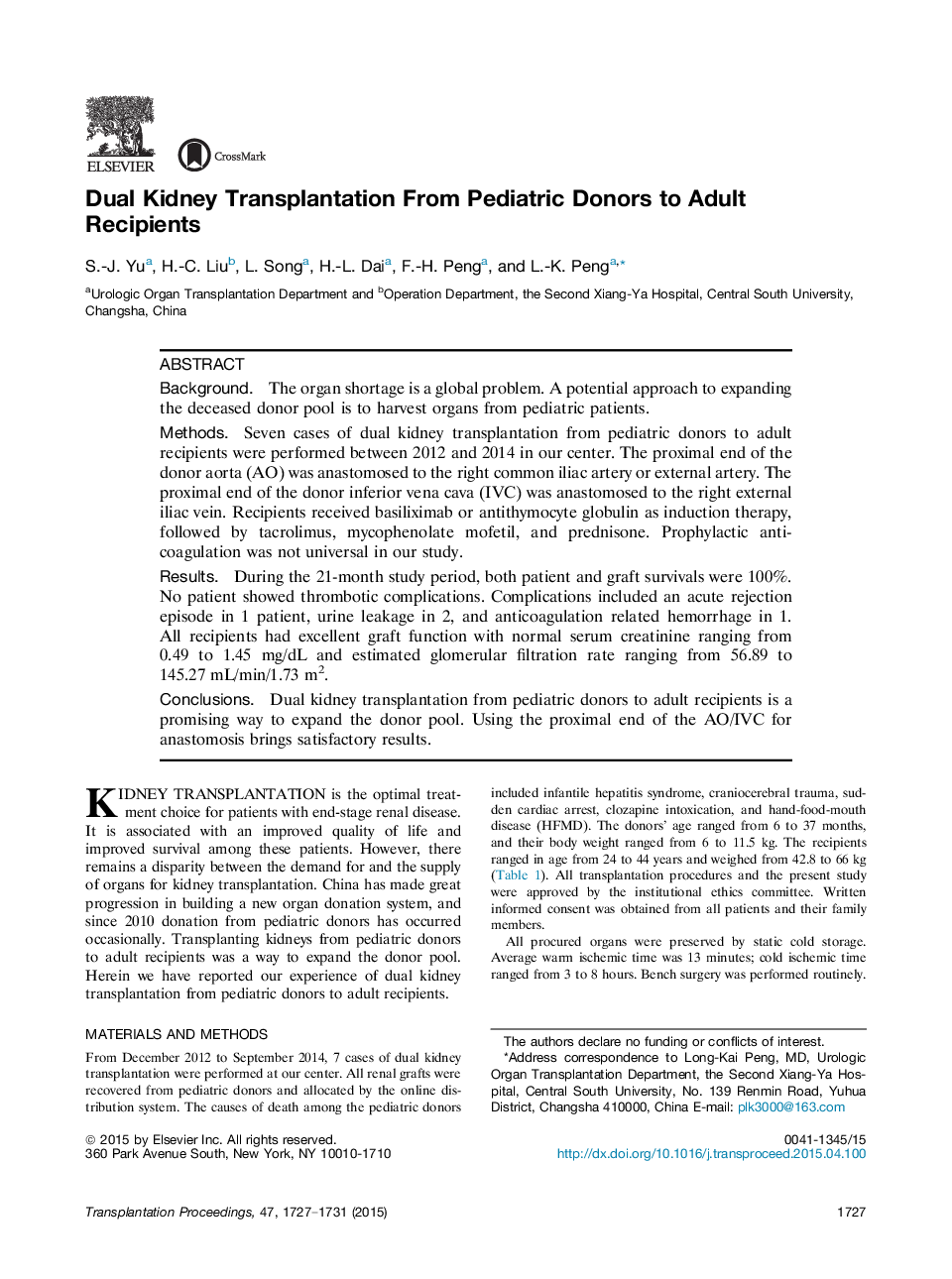 Dual Kidney Transplantation From Pediatric Donors to Adult Recipients