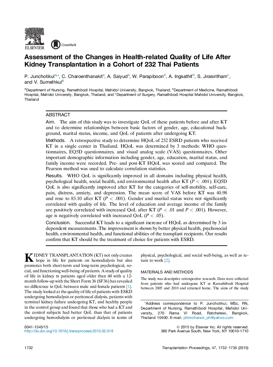 Assessment of the Changes in Health-related Quality of Life After Kidney Transplantation in a Cohort of 232 Thai Patients