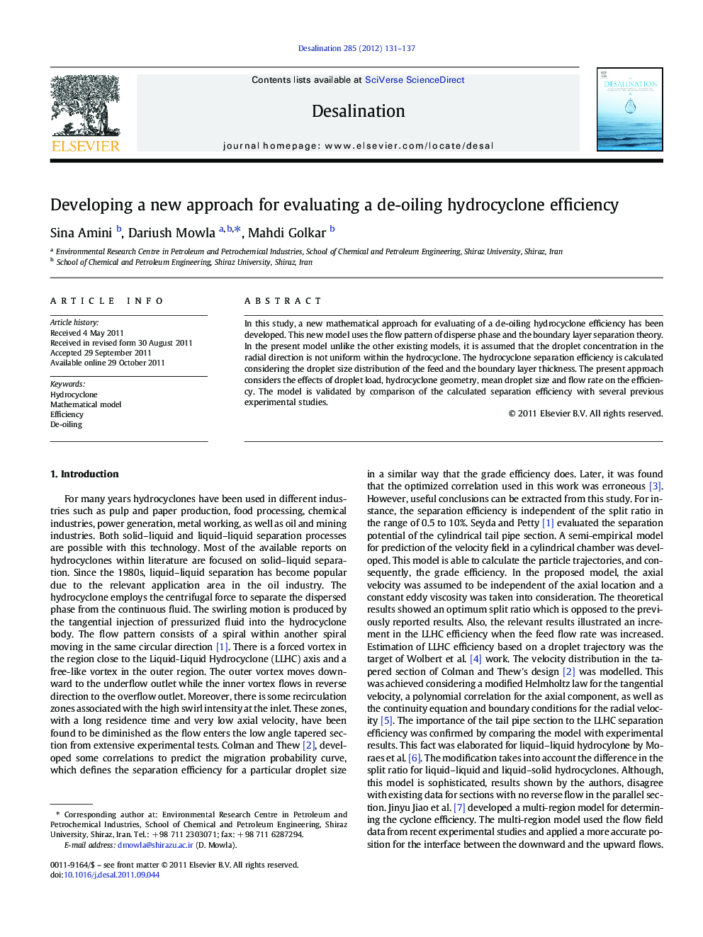 Developing a new approach for evaluating a de-oiling hydrocyclone efficiency