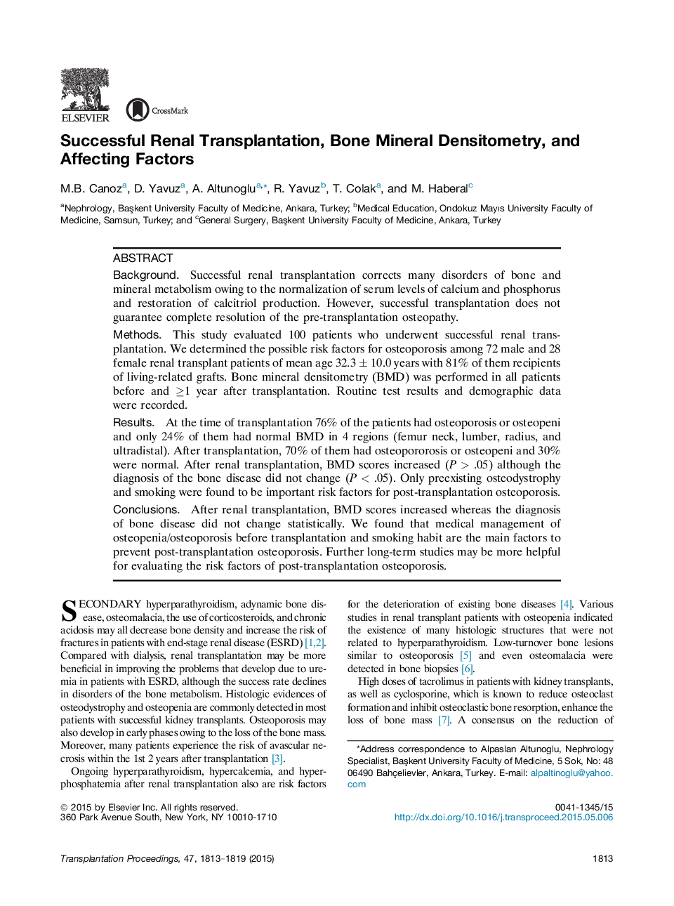 Emerging Perspectives in TransplantationRenal transplantationSuccessful Renal Transplantation, Bone Mineral Densitometry, and Affecting Factors