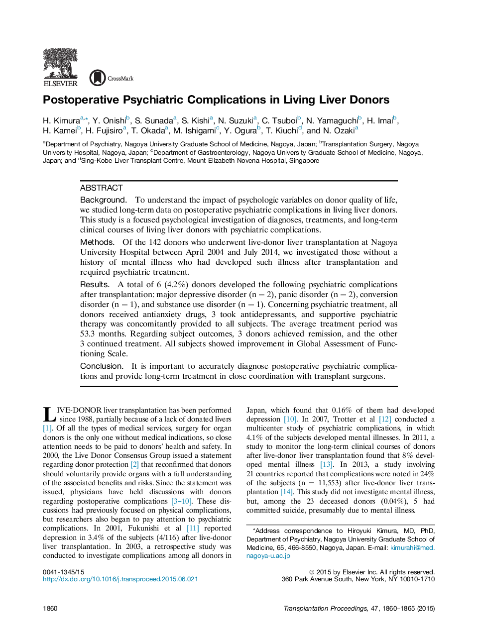 Emerging Perspectives in TransplantationLiver transplantationPostoperative Psychiatric Complications in Living Liver Donors