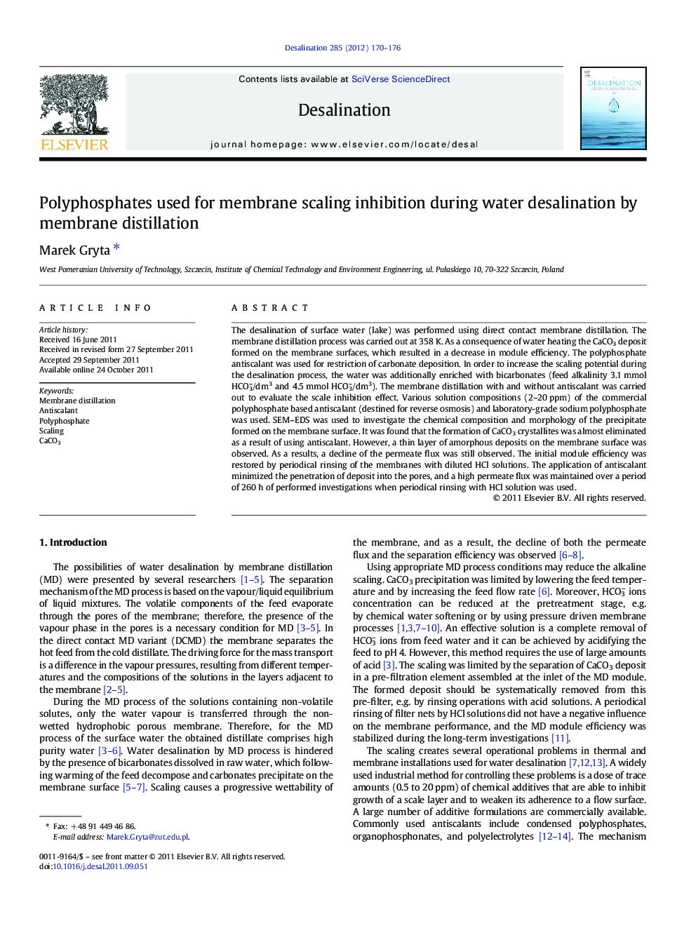 Polyphosphates used for membrane scaling inhibition during water desalination by membrane distillation