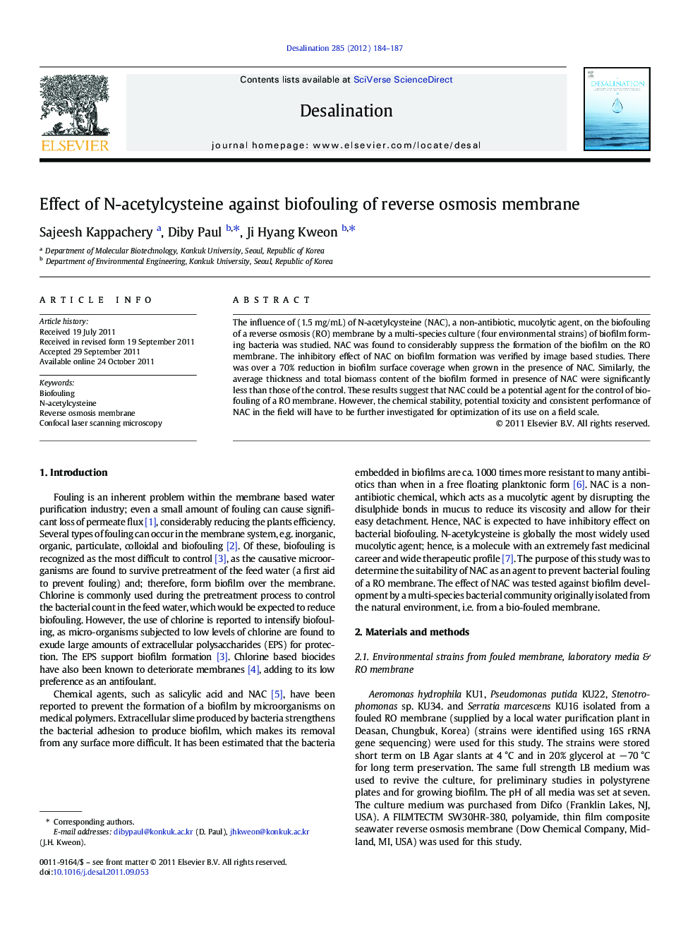 Effect of N-acetylcysteine against biofouling of reverse osmosis membrane