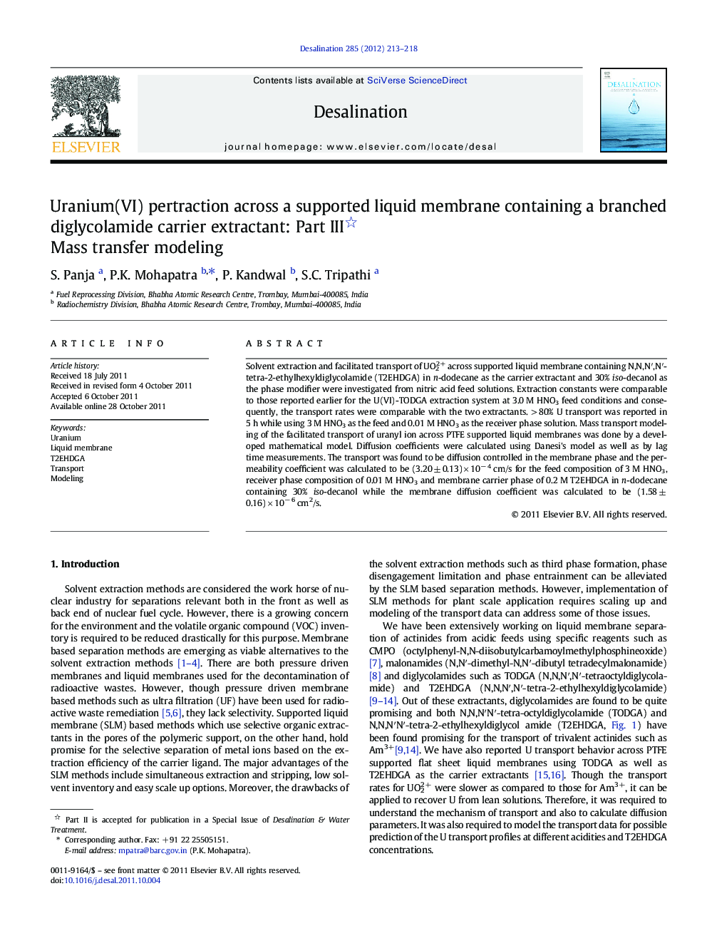 Uranium(VI) pertraction across a supported liquid membrane containing a branched diglycolamide carrier extractant: Part III : Mass transfer modeling