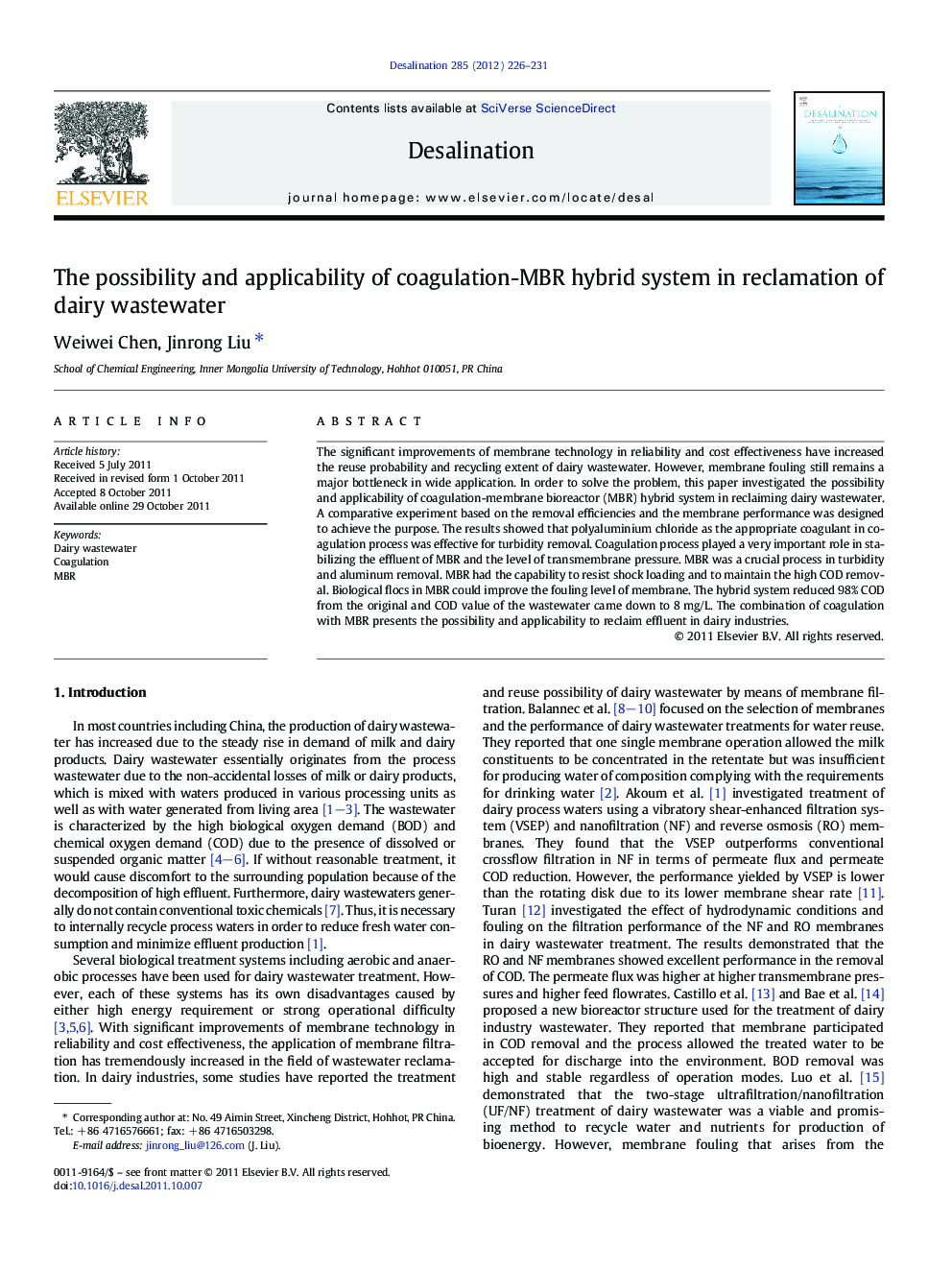 The possibility and applicability of coagulation-MBR hybrid system in reclamation of dairy wastewater