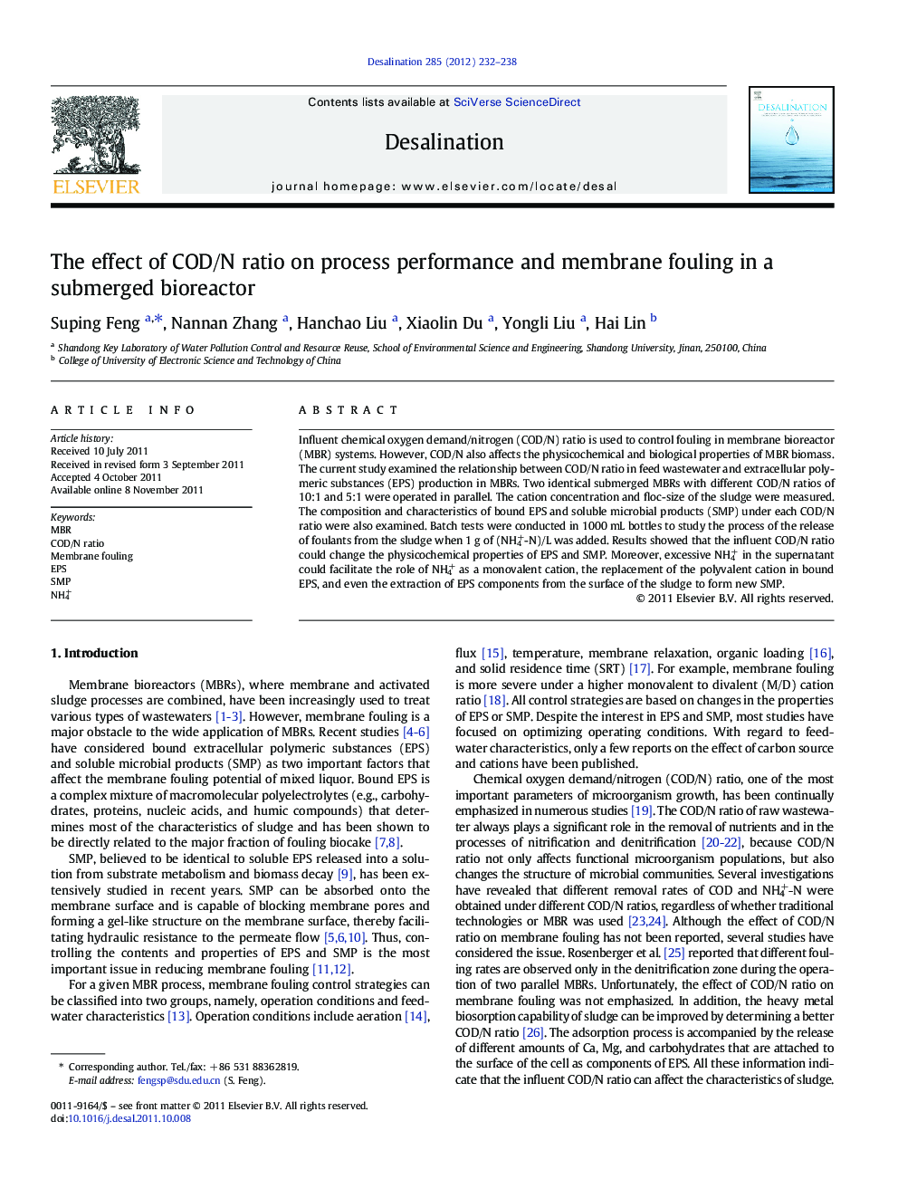 The effect of COD/N ratio on process performance and membrane fouling in a submerged bioreactor