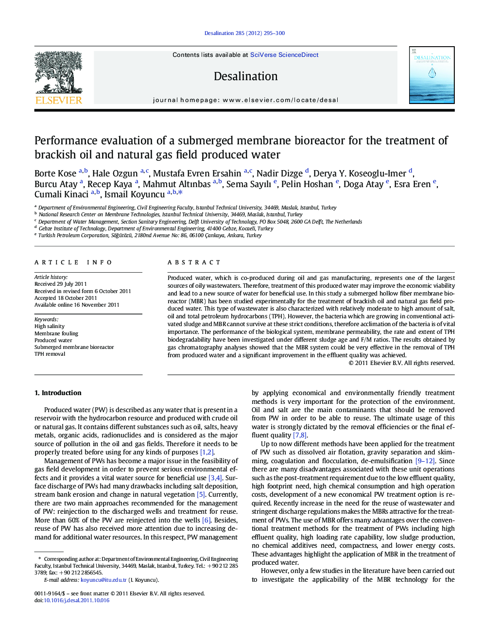 Performance evaluation of a submerged membrane bioreactor for the treatment of brackish oil and natural gas field produced water