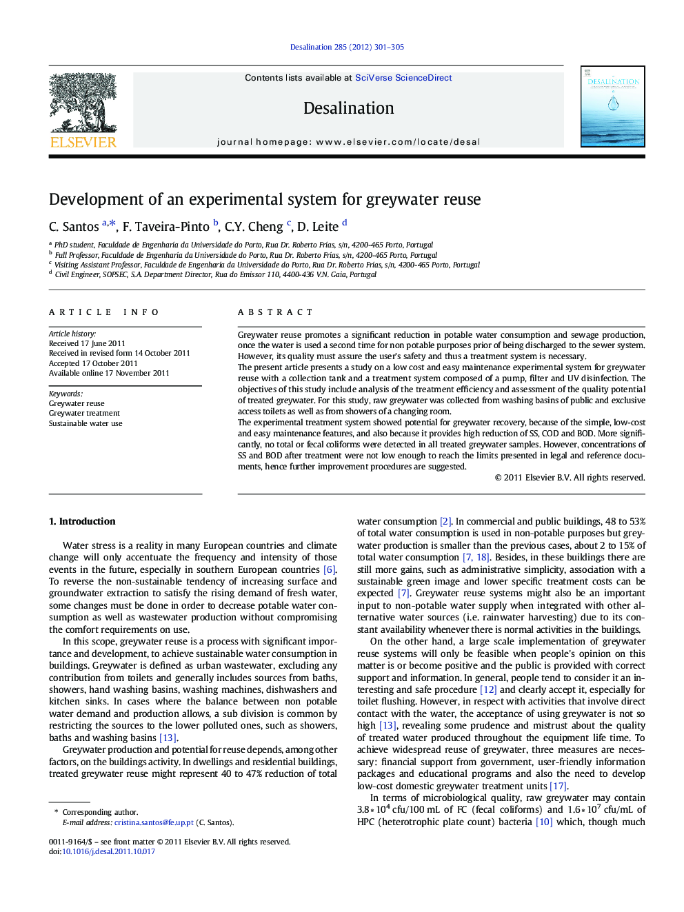 عکس صفحه اول مقاله: Development of an experimental system for greywater reuse Development of an experimental system for greywater reuse