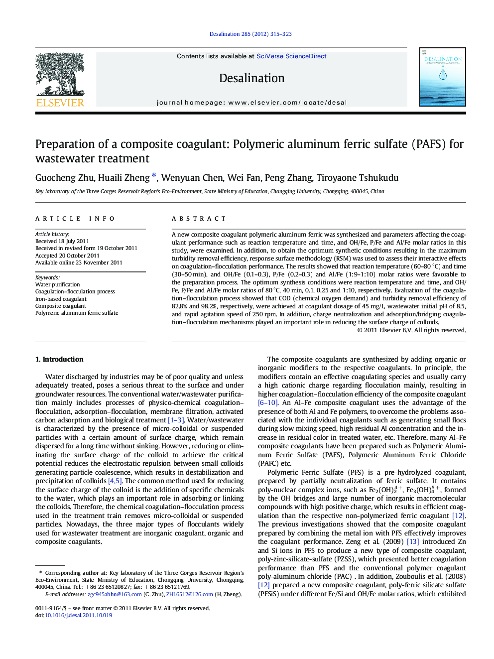 Preparation of a composite coagulant: Polymeric aluminum ferric sulfate (PAFS) for wastewater treatment