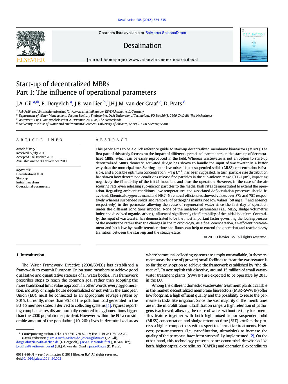 عکس صفحه اول مقاله: Start-up of decentralized MBRs: Part I: The influence of operational parameters Start-up of decentralized MBRs: Part I: The influence of operational parameters