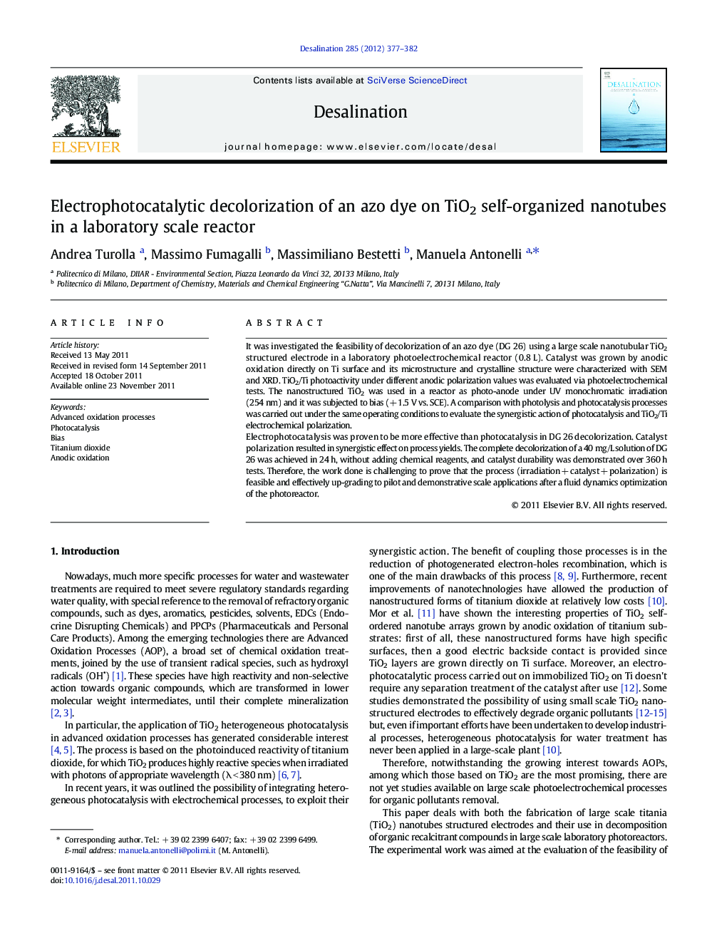 Electrophotocatalytic decolorization of an azo dye on TiO2 self-organized nanotubes in a laboratory scale reactor